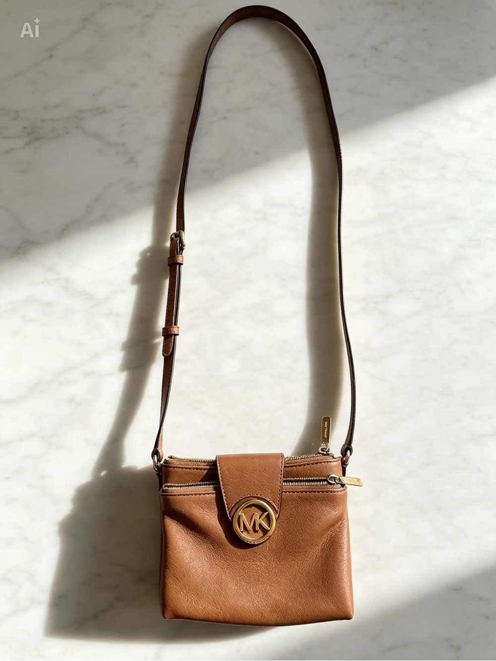 Michael Kors Fulton Small Crossbody — Cognac Leather, Gold Hardware ✨